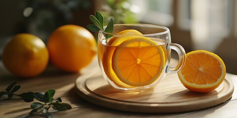 A clear glass with sliced oranges sits on a wooden table, bathing in soft natural light, creating a fresh scene.