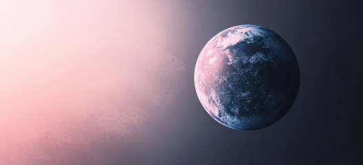 Aufkleber - A gradient background with dark gray at the top, transitioning to soft pink and blue hues in an ombre effect, with a small silhouette of planet Earth on one side. 
