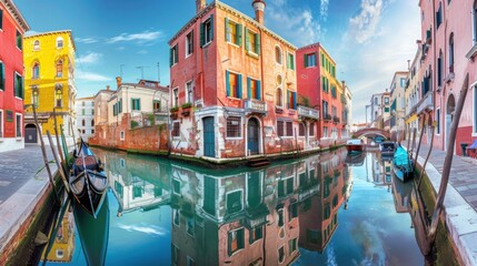 Aufkleber - A dynamic view of the vibrant canals and historic architecture of Venice with gondolas floating and colorful buildings reflecting in the water, canal setting with bright pastels and deep blues