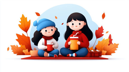 Cozy autumn scene with two girls sitting on blanket surrounded by colorful leaves, enjoying warm drinks and snacks. Their cheerful expressions reflect joy of season