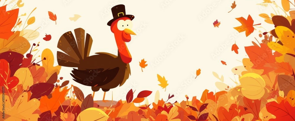 Cute cartoon turkey wearing a hat surrounded by fall leaves on a white ...