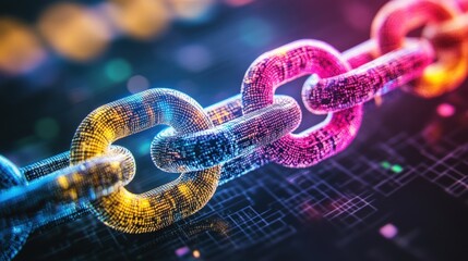A close-up of a digital chain with glowing links, representing the concept of connectivity and security.