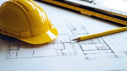architectural design plan on table. construction workspace with yellow safety helmet,ruler and penci