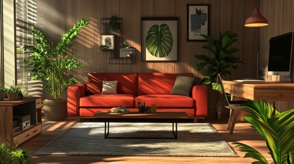 Contemporary living room with red sofa, natural wood accents, and indoor plants, blending with a home office space