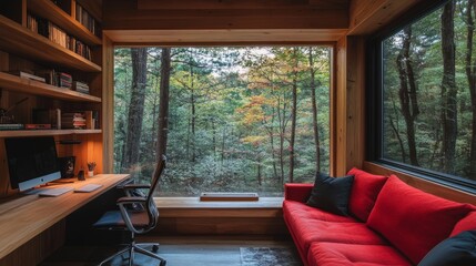 Cozy living room with red sofa detail, forest views, and a small home office setup with a sleek chair and desk