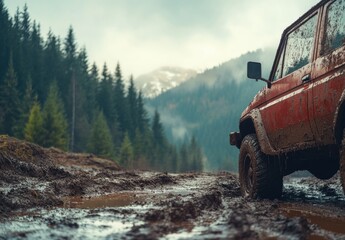 Off-Road Car on Muddy Trail in Forest