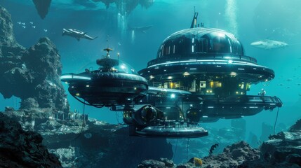 Leinwandbilder - A futuristic underwater research station with marine biologists and advanced equipment, Sci-fi setting with underwater exploration, Futuristic style