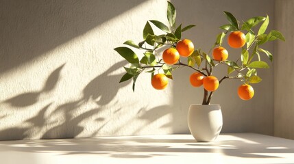 Conceptual photo of a small orange tree in a vase on a white table, natural sunlight illuminating the bright oranges and fresh leaves