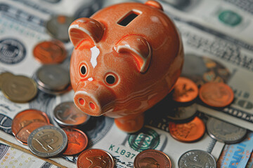 A piggy bank surrounded by coins and dollar bills symbolizes savings and efficient money management.