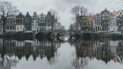 Aufkleber - A historic canal in Amsterdam with traditional Dutch houses and a charming bridge reflected in the water, urban setting with classic charm, Elegant style