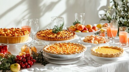 A table set for a Thanksgiving dinner with various pies, fruits, and drinks.