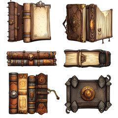 Magic spell book 2 vector set – ornate fantasy books with gemstones and mystical patterns, generative ai