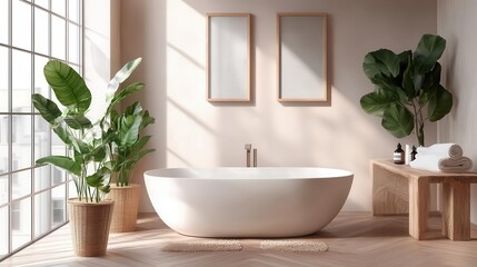 contemporary bathroom design featuring pale colors and wooden accents, creating a calm and relaxing atmosphere for self-care, enhanced by natural light filtering through frosted glass