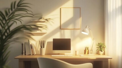 cozy modern workspace mock-up featuring an inviting interior design with soft lighting, stylish furniture, and a minimalist aesthetic, creating an atmosphere of productivity and comfort