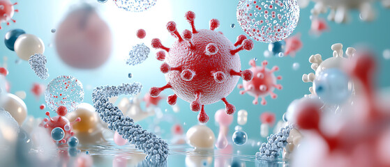 Poster - Intricate artistic rendering of bacteria interacting with human cells a vibrant exploration of microscopic life and its complex interactions