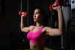 © kamonrat - Woman Performing Dumbbell Shoulder Press Exercise at the Gym - Focused Fitness Training, Strength Building, and Healthy Lifestyle in a Pink Sports Bra and Dark Workout Setting