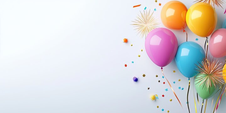A fun and festive New Year's Eve flyer with colorful balloons, fireworks, and space for party promotions.