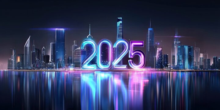 A minimalist 2025 design with bold numbers, simple typography, and a futuristic city skyline in the background. Clean and modern look.