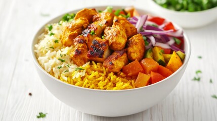 Wall Mural - A white bowl filled with a colorful and healthy chicken and rice bowl with grilled chicken, yellow rice, red onion, green zucchini, red pepper, and parsley garnish.