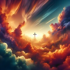 Wall Mural - heaven and sky with cross of jesus in belief, faith or spiritual religion at sunset. abstract, backg