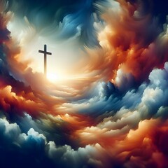 Wall Mural - heaven and sky with cross of jesus in belief, faith or spiritual religion at sunset. abstract, backg
