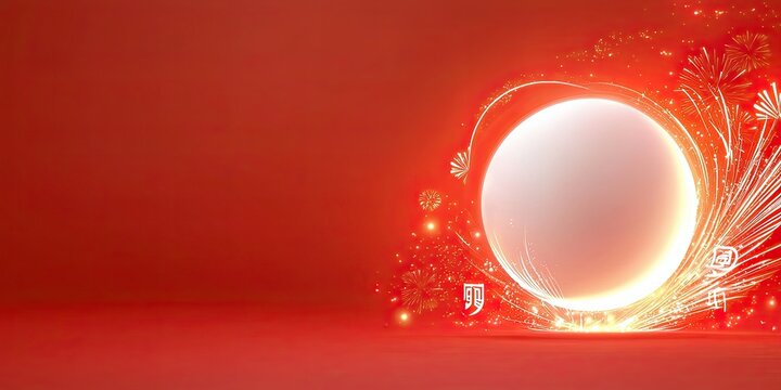 Festive Lunar New Year 2025 backdrop with fireworks, a glowing moon, and traditional Chinese symbols on a vibrant red background with space for text.