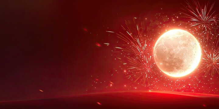 Festive Lunar New Year 2025 backdrop with fireworks, a glowing moon, and traditional Chinese symbols on a vibrant red background with space for text.