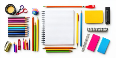Poster - Set of equipment for learning, consisting of pencils, pens, erasers, rulers, rulers, scissors, notebooks, blank books, arranged neatly with a white background.