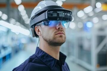 Caucasian male engineer wearing augmented reality glasses in a modern manufacturing facility during work hours