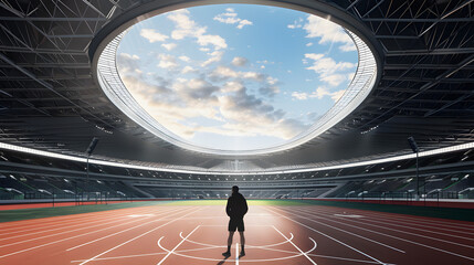 person standing on a sports track in a large stadium with a retractable roof and dramatic sky isolated on white background, png