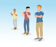 © ArtisticLAB - Access to the application, successful results, news and communication, colleagues pointing at their cell phones and satisfied with the results and achievements.