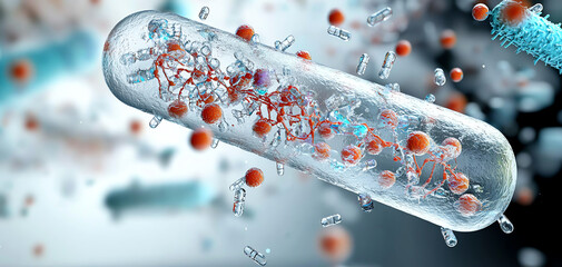 Poster - Innovative digital model of a bacterial cell showcasing its intricate structure and molecular interactions in a high-tech environment