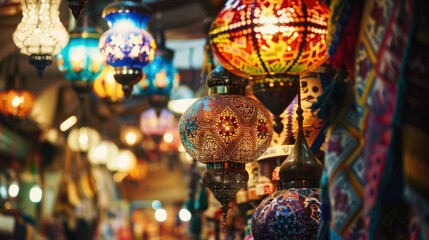 Aufkleber - A lively view of the Grand Bazaar in Istanbul with colorful textiles and intricate lanterns hanging from the ceiling, bustling setting with rich textures and hues, Market style