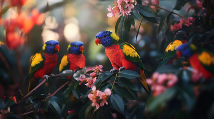 A Joyful Gathering of Rainbow Lorikeets Playing Among the Blossoms of a Vibrant Tree