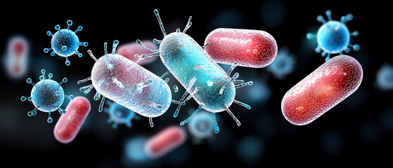 Poster - Exploring the microscopic realm a vibrant journey through colorful bacteria and viruses in stunning detail
