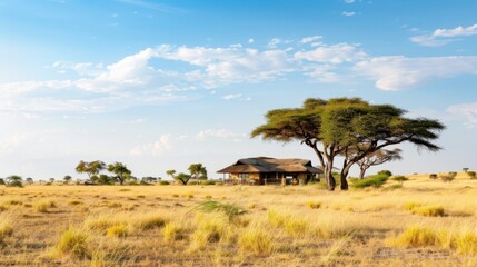 Poster - A luxurious African safari lodge with open-air viewing decks, surrounded by savannah grasslands and acacia trees, exotic setting with safari elegance