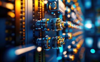 Leinwandbilder - A close-up view of intricate electronic components, featuring metallic circuits glowing in vibrant blue and gold hues, highlighting advanced technology.