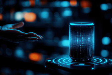 Leinwandbilder - A futuristic, illuminated speaker device is presented against a dark background, showcasing high-tech digital effects and a human hand reaching towards it.