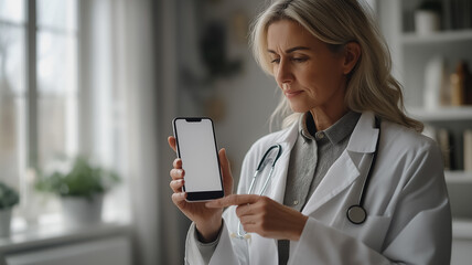 Poster - A woman doctor is holding a cell phone and pointing at it. She is wearing a white lab coat and she is focused on the phone