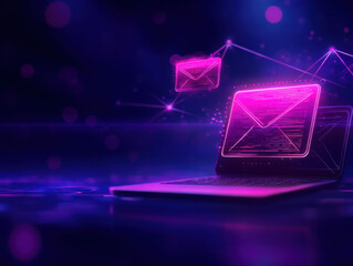 Poster - A vibrant digital illustration featuring glowing envelopes and a laptop, symbolizing modern communication and email technology.