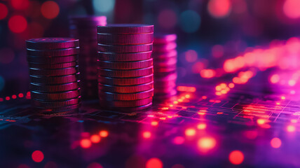 Poster - A stack of coins on a computer screen. The coins are red and the background is purple. Concept of wealth and prosperity