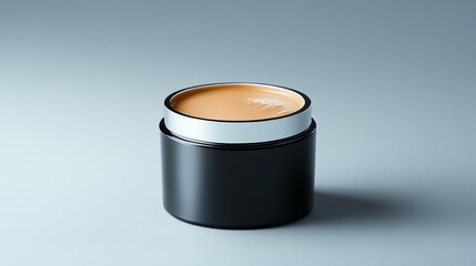 A black jar with a silver lid filled with a beige cream.