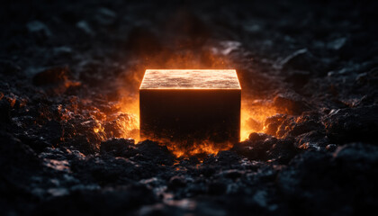 Aufkleber - A glowing cube sits amidst dark surroundings, emanating a warm light that contrasts with the cool shadows, creating an atmospheric effect.