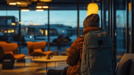 A person in casual travel clothes waits comfortably in a softly lit airport lounge