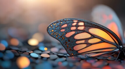 Poster - Captivating close-up of a monarch butterfly wing with iridescent colors and bokeh background