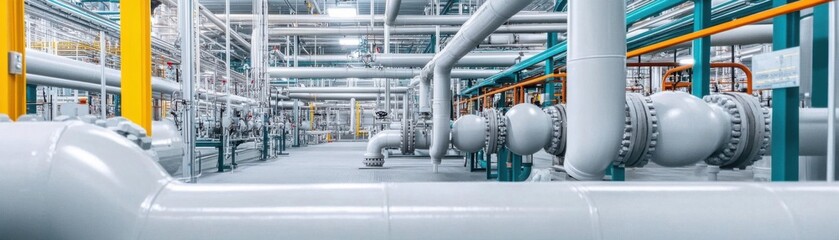 Natural gas processing facility, complex piping systems, clean industrial look