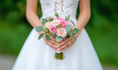 bride with wedding bouquet flowers.