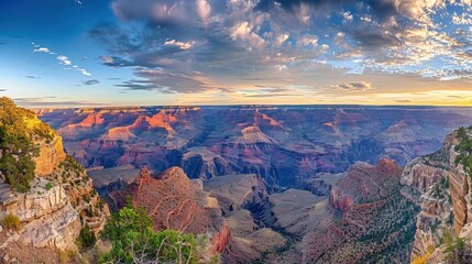 Aufkleber - A panoramic view of the Grand Canyon at sunrise with dramatic rock formations and colorful sky, expansive setting with vibrant morning hues, Scenic style