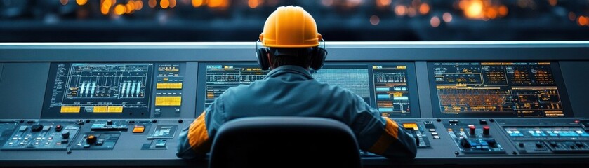 Worker monitoring control panel, overseeing fuel processing operations