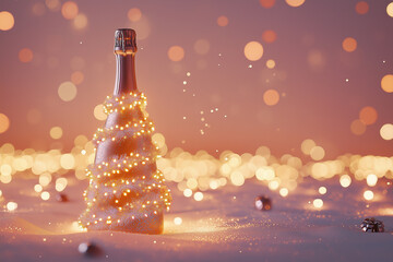 A bottle of champagne wrapped in a glowing garland like a Christmas tree. New Year, Merry Christmas concept, Valentines day, birthday or winter wedding celebration greeting card template.